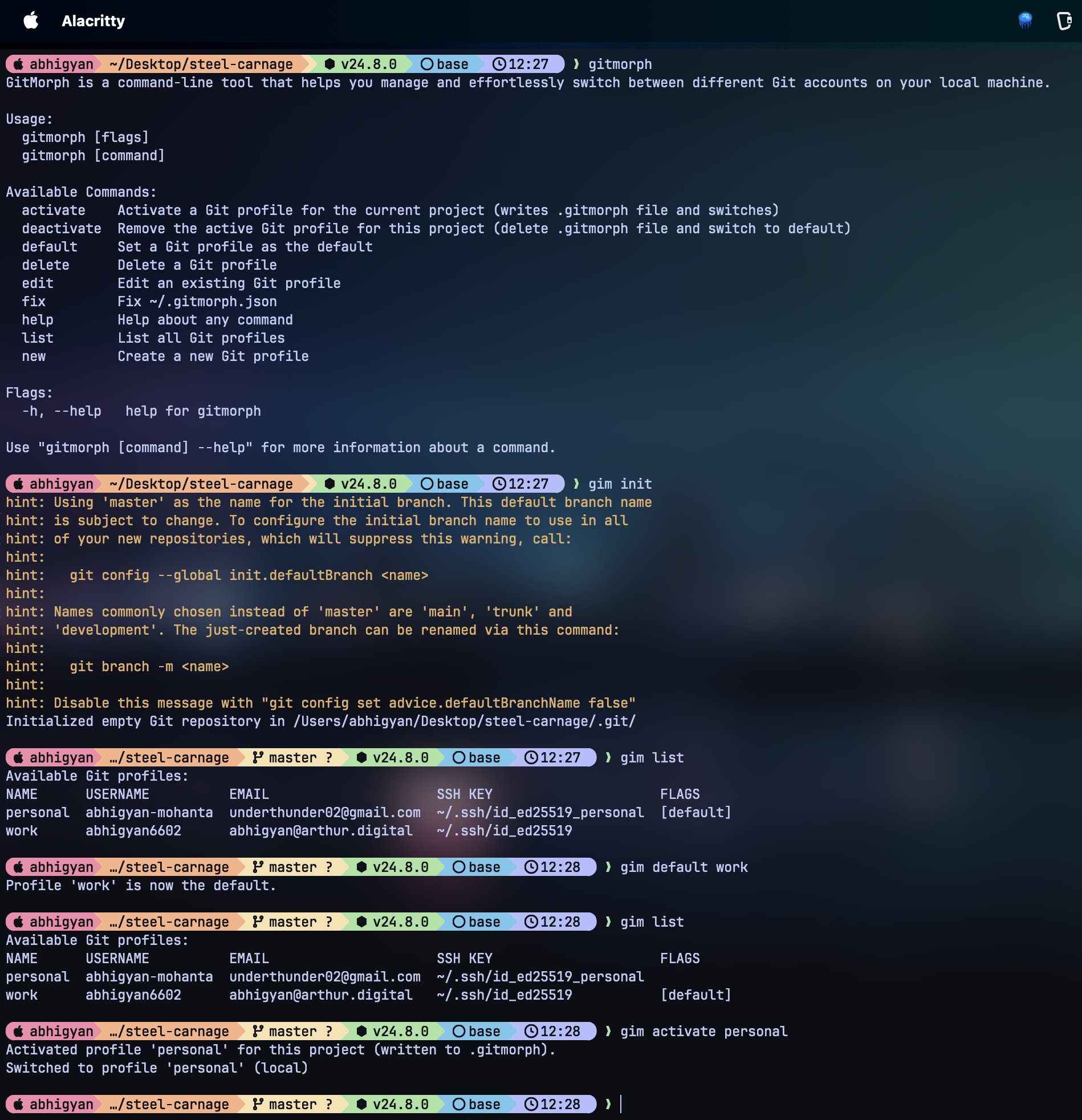 Terminal screenshot showing GitMorph CLI commands and help